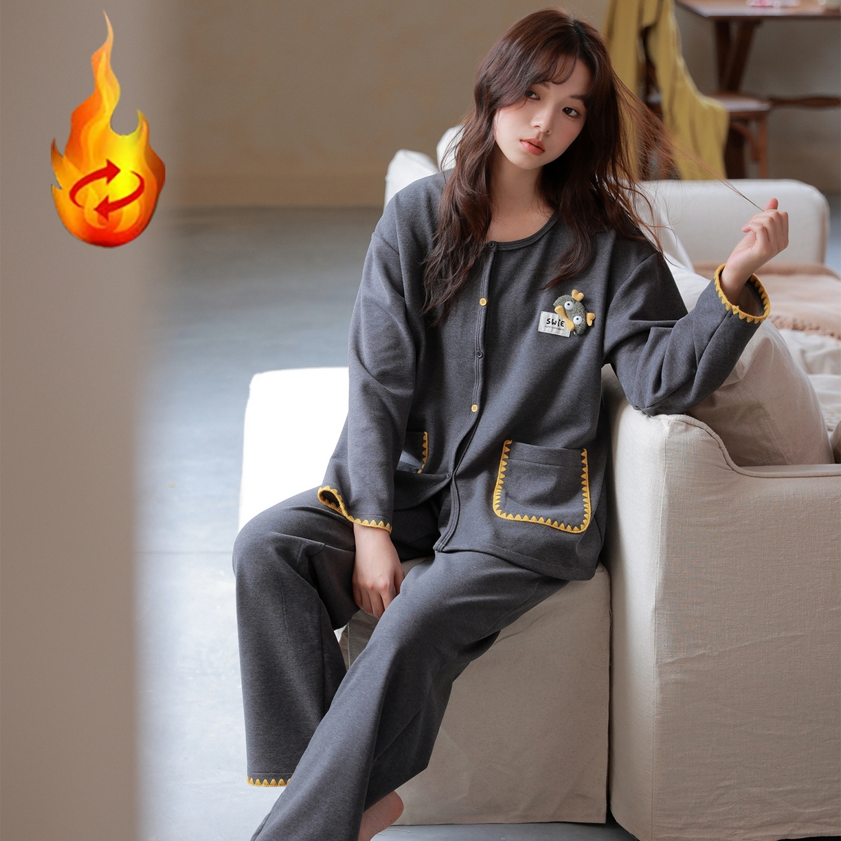 91家纺网 家纺一手货源 找家纺 洛兰沙家居馆 2025新款睡衣女长袖新款春秋双层羊绒德绒可外穿卡通开衫家居服套装韩版秋冬 42314