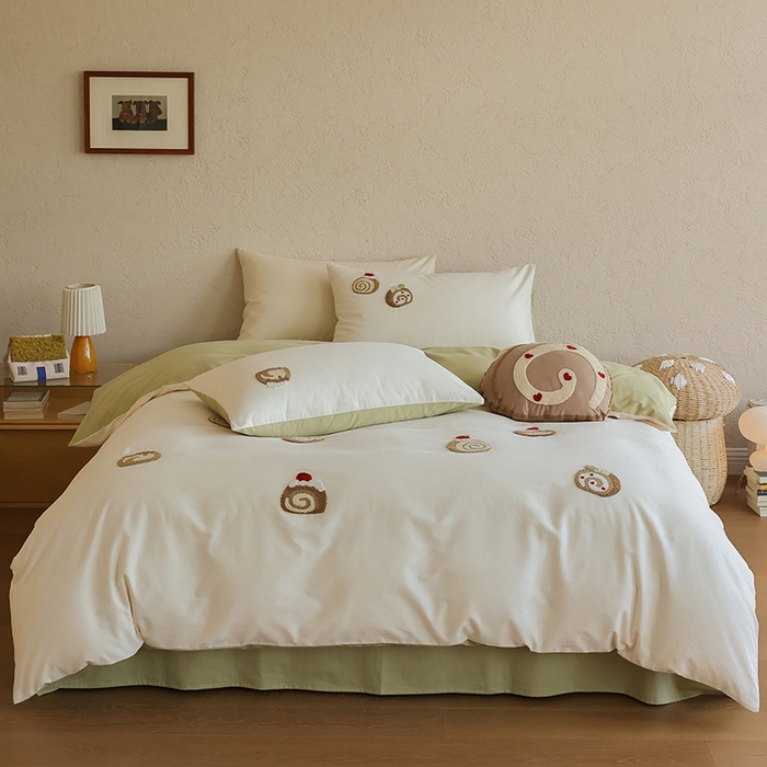 安莱生活 2025新款贡缎磨毛60s绣花四件套-风格二 抹茶瑞士卷