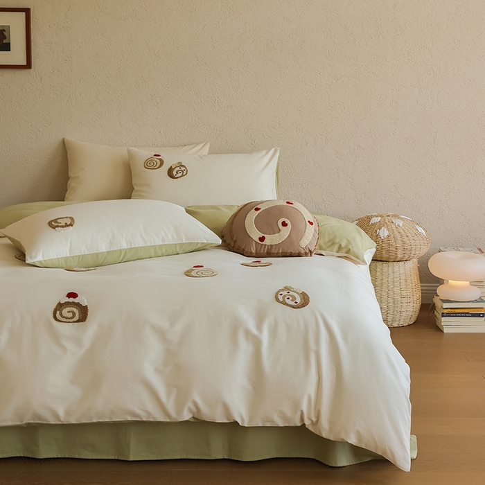 91家纺网 家纺一手货源 找家纺 安莱生活 2025新款贡缎磨毛60s绣花四件套-风格二 抹茶瑞士卷