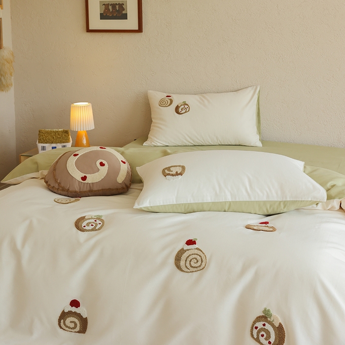 91家纺网 家纺一手货源 找家纺 安莱生活 2025新款贡缎磨毛60s绣花四件套-风格二 抹茶瑞士卷