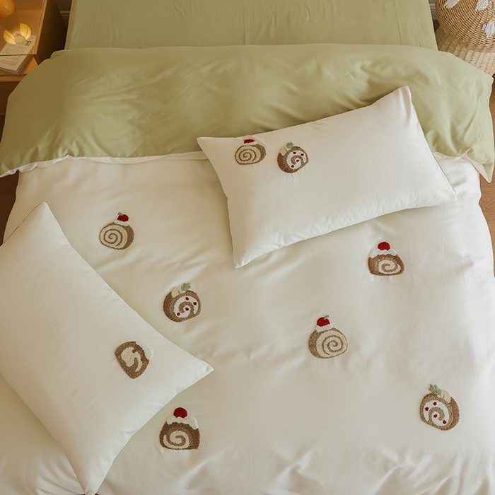 91家纺网 家纺一手货源 找家纺 安莱生活 2025新款贡缎磨毛60s绣花四件套-风格二 抹茶瑞士卷