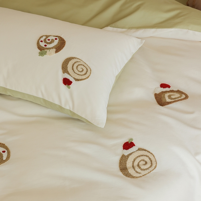 91家纺网 家纺一手货源 找家纺 安莱生活 2025新款贡缎磨毛60s绣花四件套-风格二 抹茶瑞士卷