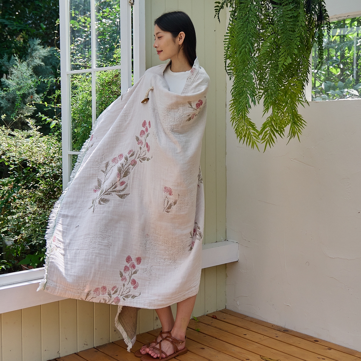 沐瑟家纺 2025新款全棉流苏纱布披肩毯空调毯多功能午休毯牛角披肩毯民宿风 白芷