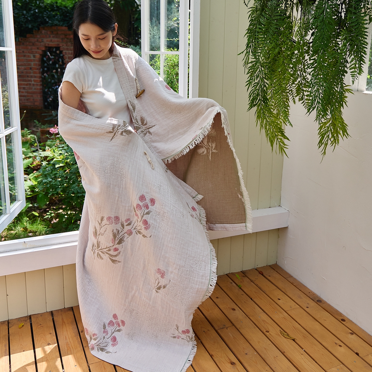 91家纺网 家纺一手货源 找家纺 沐瑟家纺 2025新款全棉流苏纱布披肩毯空调毯多功能午休毯牛角披肩毯民宿风 白芷