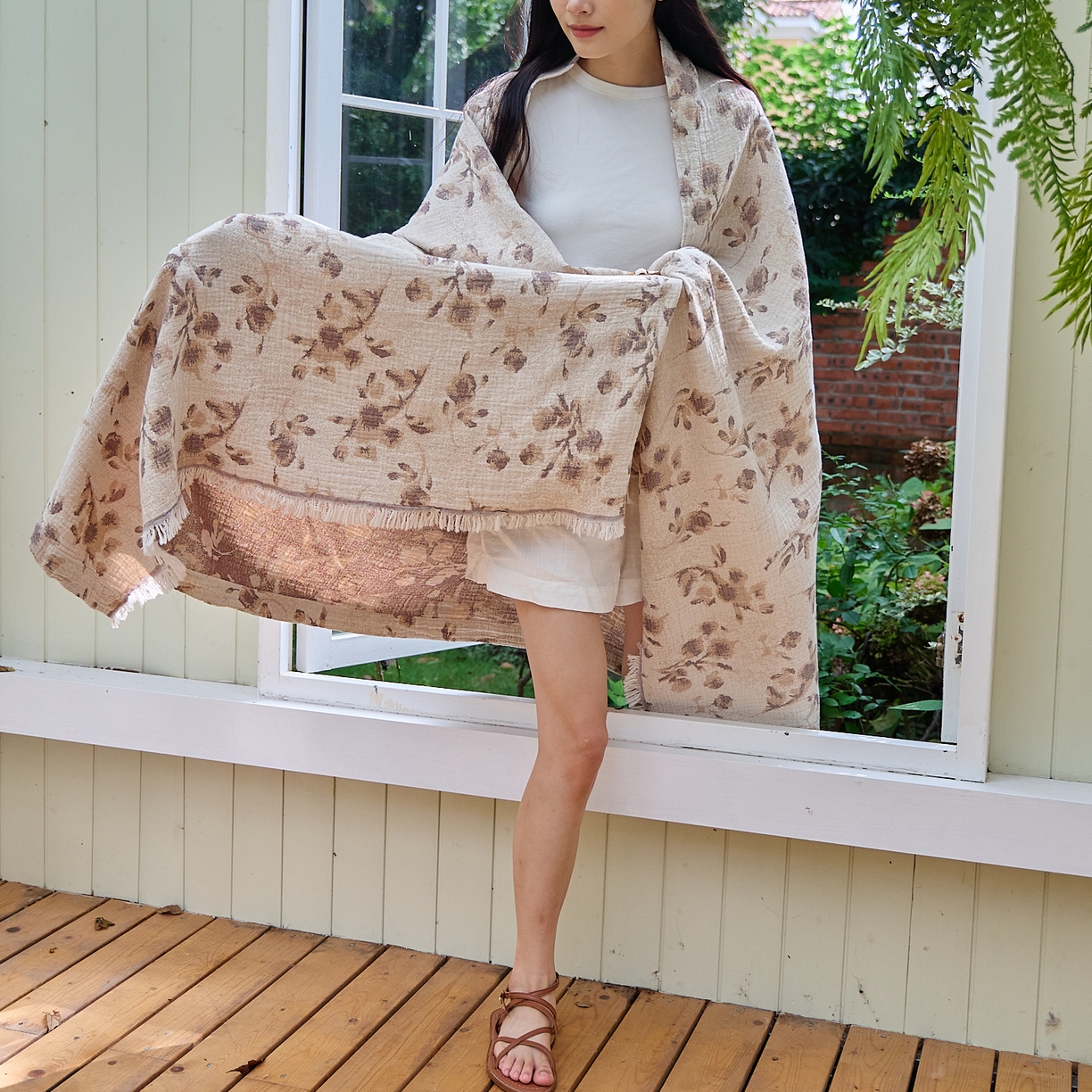 91家纺网 家纺一手货源 找家纺 沐瑟家纺 2025新款全棉流苏纱布披肩毯空调毯多功能午休毯牛角披肩毯民宿风 洛颖