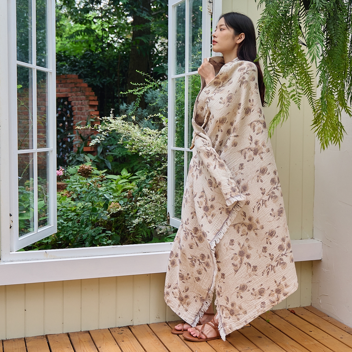 91家纺网 家纺一手货源 找家纺 沐瑟家纺 2025新款全棉流苏纱布披肩毯空调毯多功能午休毯牛角披肩毯民宿风 洛颖