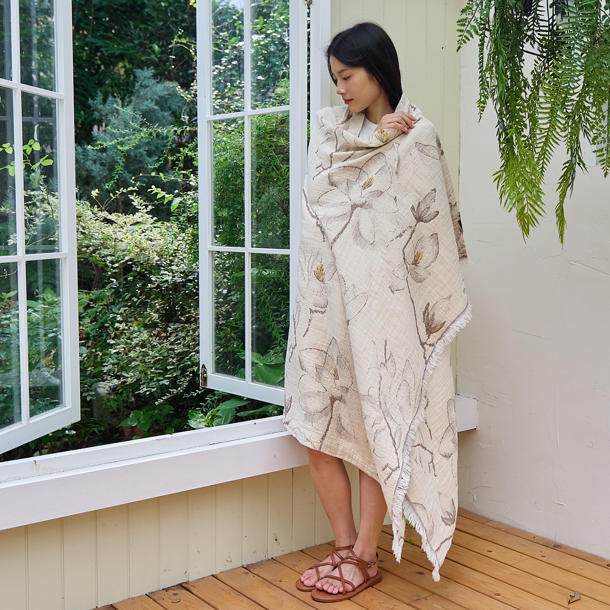 沐瑟家纺 2025新款全棉流苏纱布披肩毯空调毯多功能午休毯牛角披肩毯民宿风 木栀