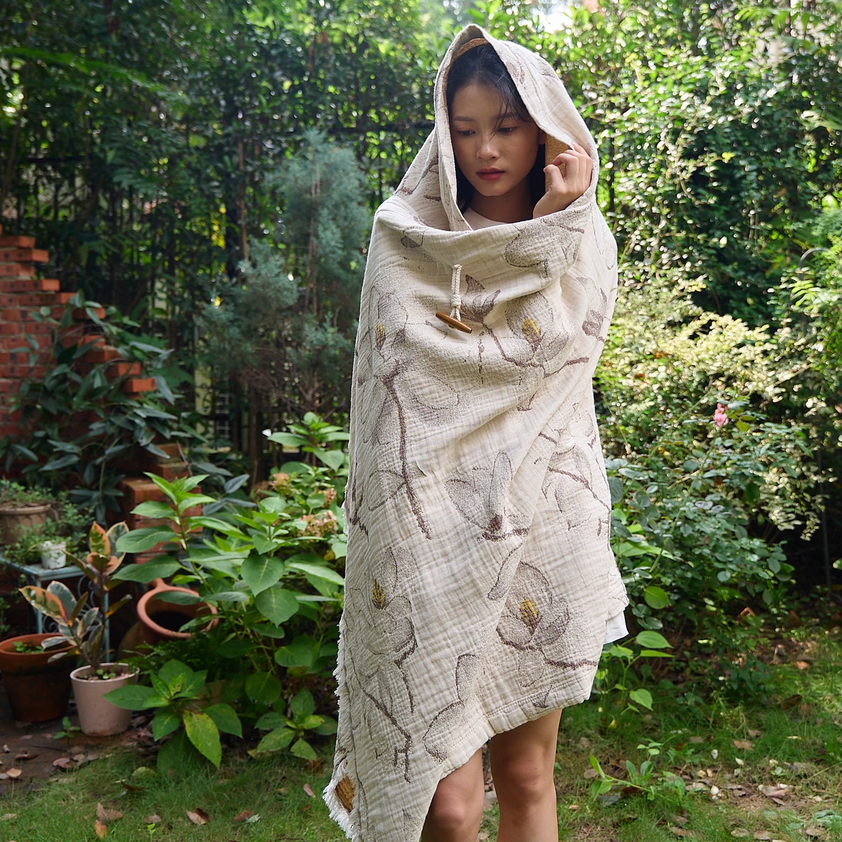 91家纺网 家纺一手货源 找家纺 沐瑟家纺 2025新款全棉流苏纱布披肩毯空调毯多功能午休毯牛角披肩毯民宿风 木栀