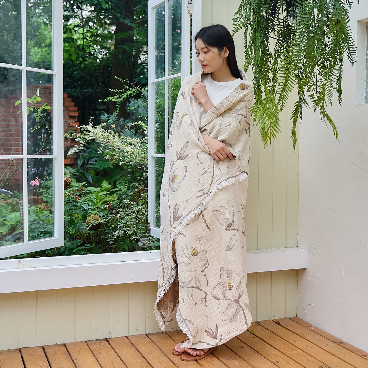 91家纺网 家纺一手货源 找家纺 沐瑟家纺 2025新款全棉流苏纱布披肩毯空调毯多功能午休毯牛角披肩毯民宿风 木栀