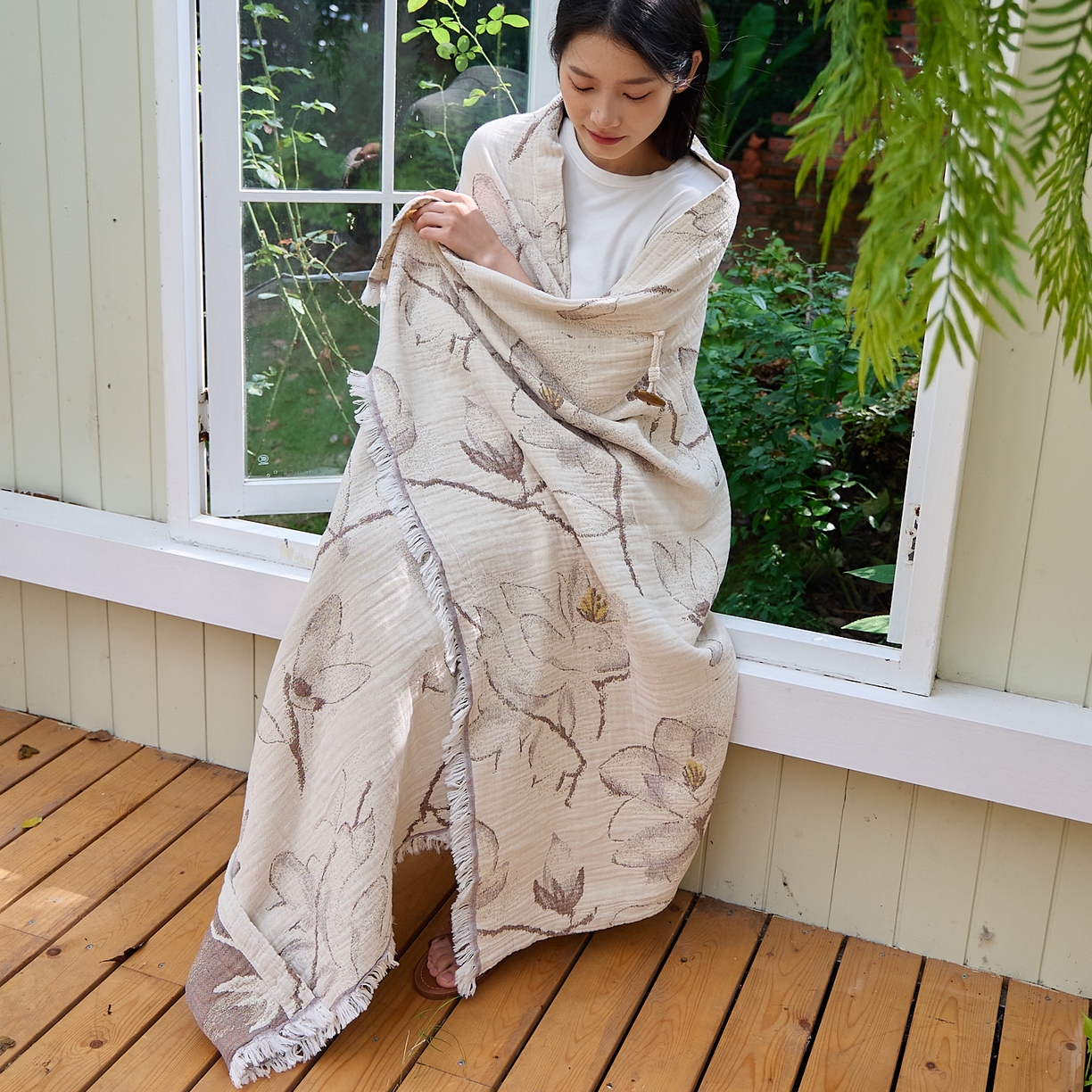 91家纺网 家纺一手货源 找家纺 沐瑟家纺 2025新款全棉流苏纱布披肩毯空调毯多功能午休毯牛角披肩毯民宿风 木栀