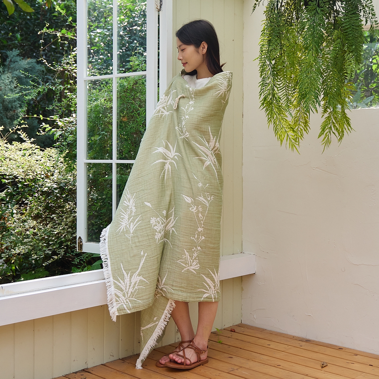 沐瑟家纺 2025新款全棉流苏纱布披肩毯空调毯多功能午休毯牛角披肩毯民宿风 清叶