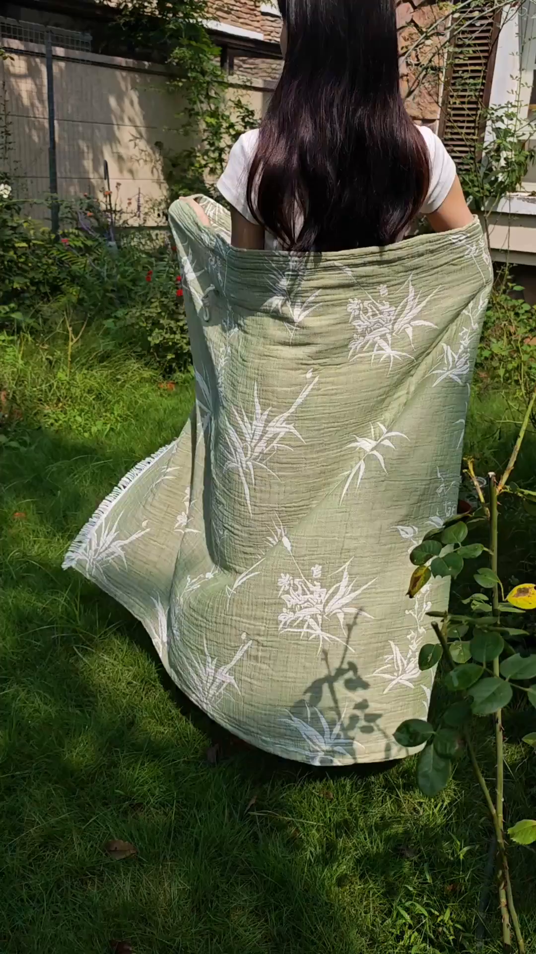 91家纺网 家纺一手货源 找家纺 沐瑟家纺 2025新款全棉流苏纱布披肩毯空调毯多功能午休毯牛角披肩毯民宿风 清叶