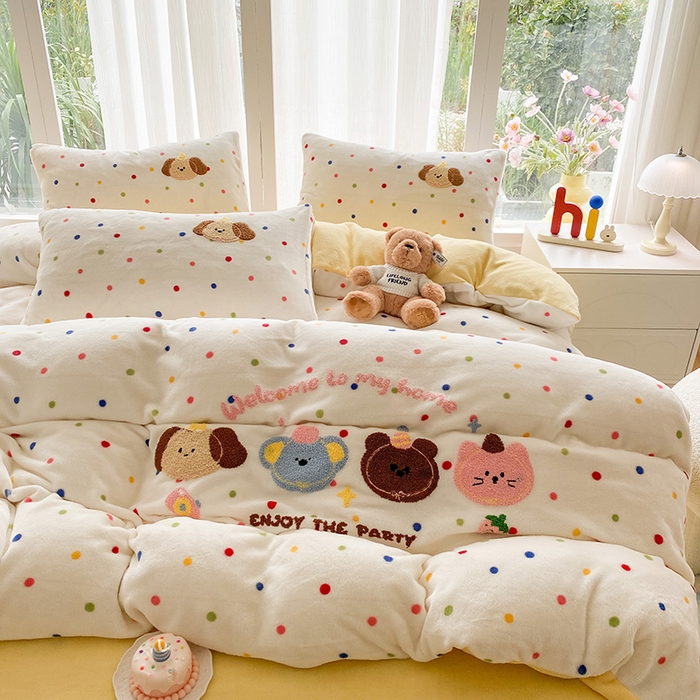 云木里 2025新款A类卡通加厚毛巾绣牛奶绒四件套 动物会