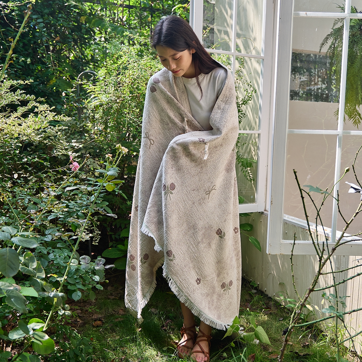 沐瑟家纺 2025新款全棉流苏纱布披肩毯空调毯多功能午休毯牛角披肩毯民宿风 薇禾