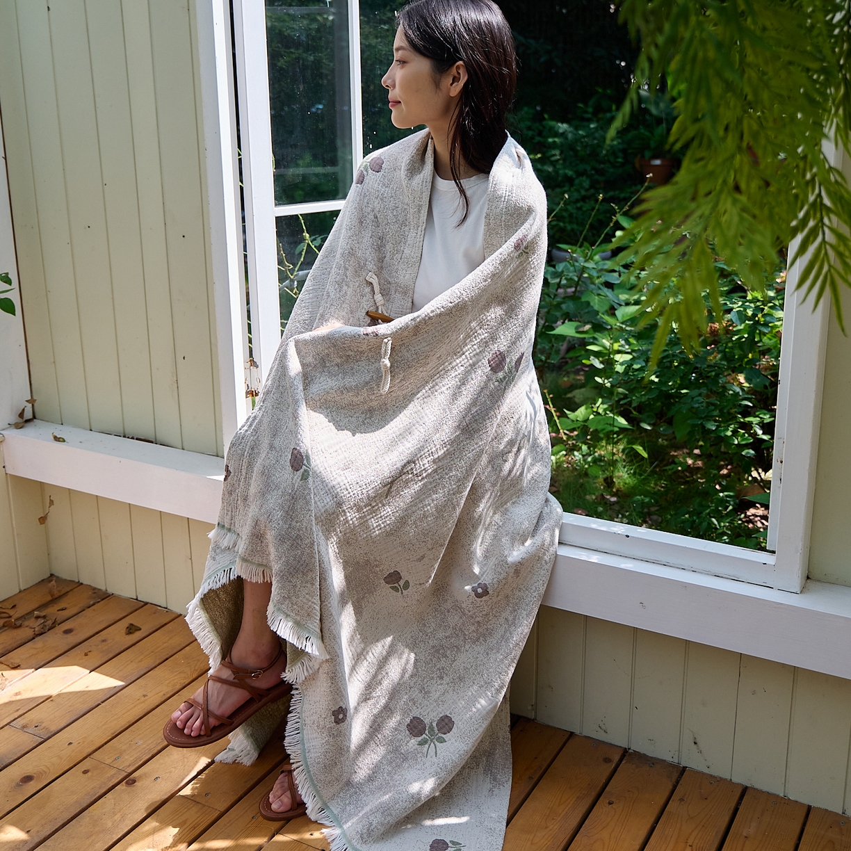 91家纺网 家纺一手货源 找家纺 沐瑟家纺 2025新款全棉流苏纱布披肩毯空调毯多功能午休毯牛角披肩毯民宿风 薇禾