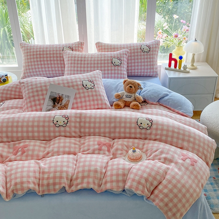 云木里 2025新款A类卡通加厚毛巾绣牛奶绒四件套 粉格kt