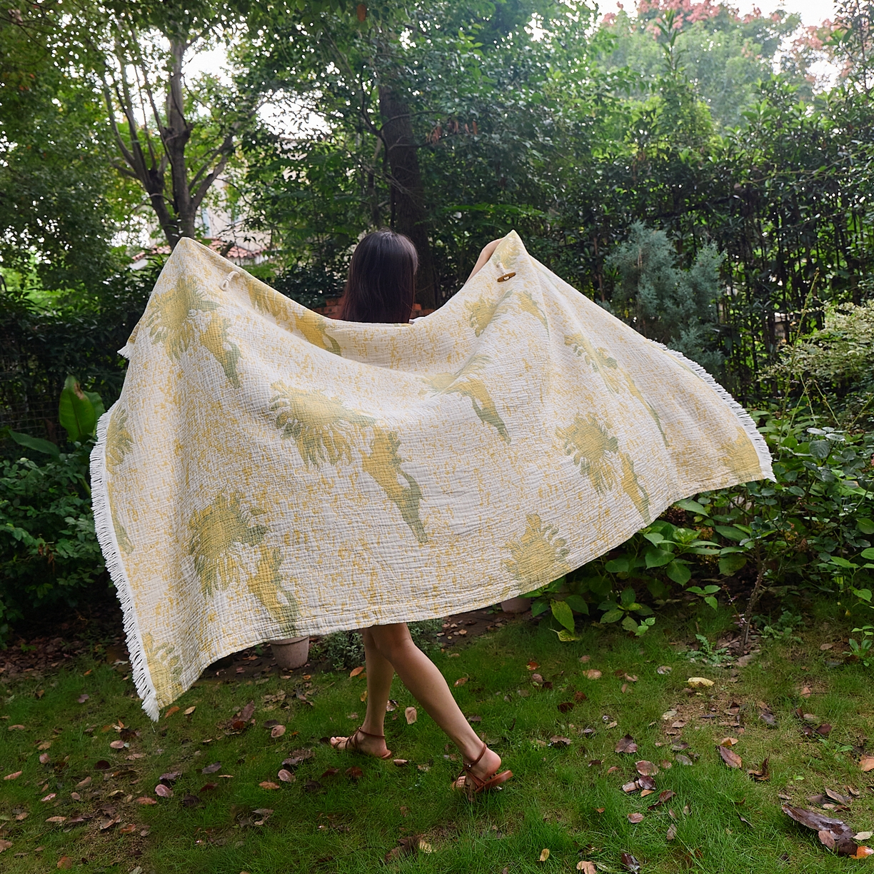 91家纺网 家纺一手货源 找家纺 沐瑟家纺 2025新款全棉流苏纱布披肩毯空调毯多功能午休毯牛角披肩毯民宿风 柚屿