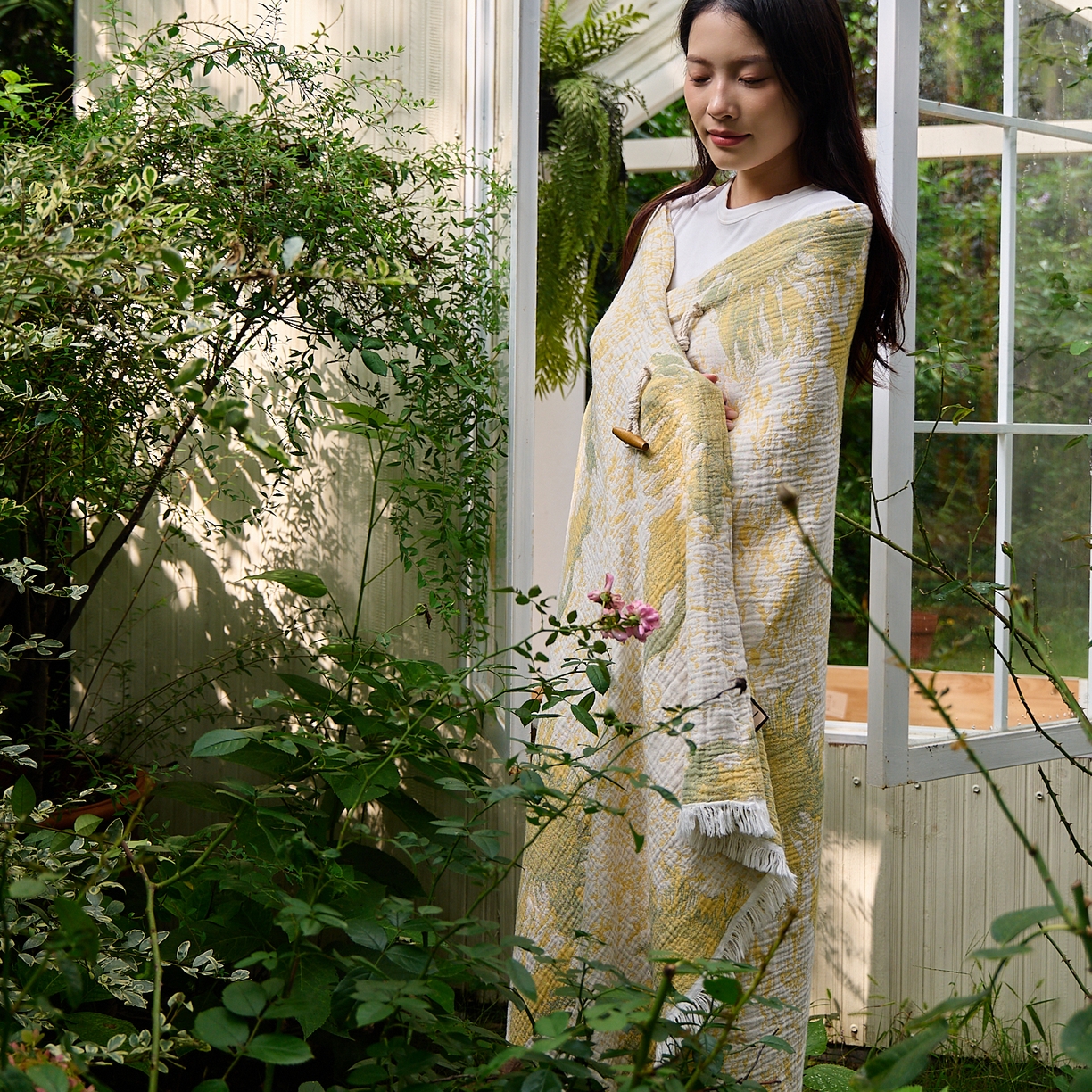 91家纺网 家纺一手货源 找家纺 沐瑟家纺 2025新款全棉流苏纱布披肩毯空调毯多功能午休毯牛角披肩毯民宿风 柚屿