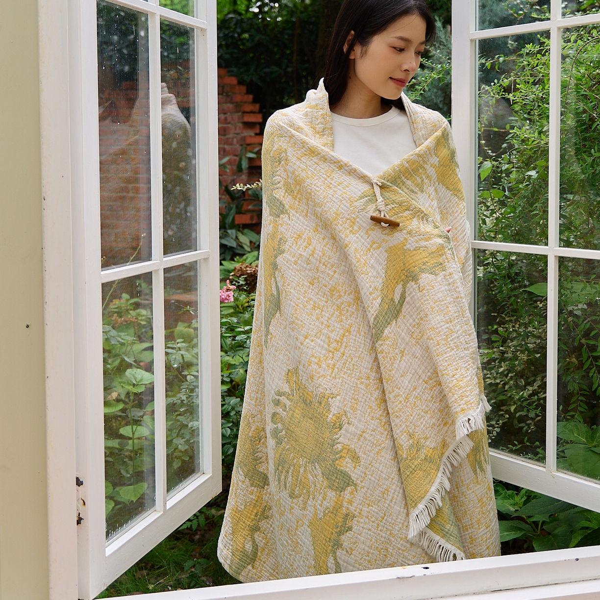 91家纺网 家纺一手货源 找家纺 沐瑟家纺 2025新款全棉流苏纱布披肩毯空调毯多功能午休毯牛角披肩毯民宿风 柚屿