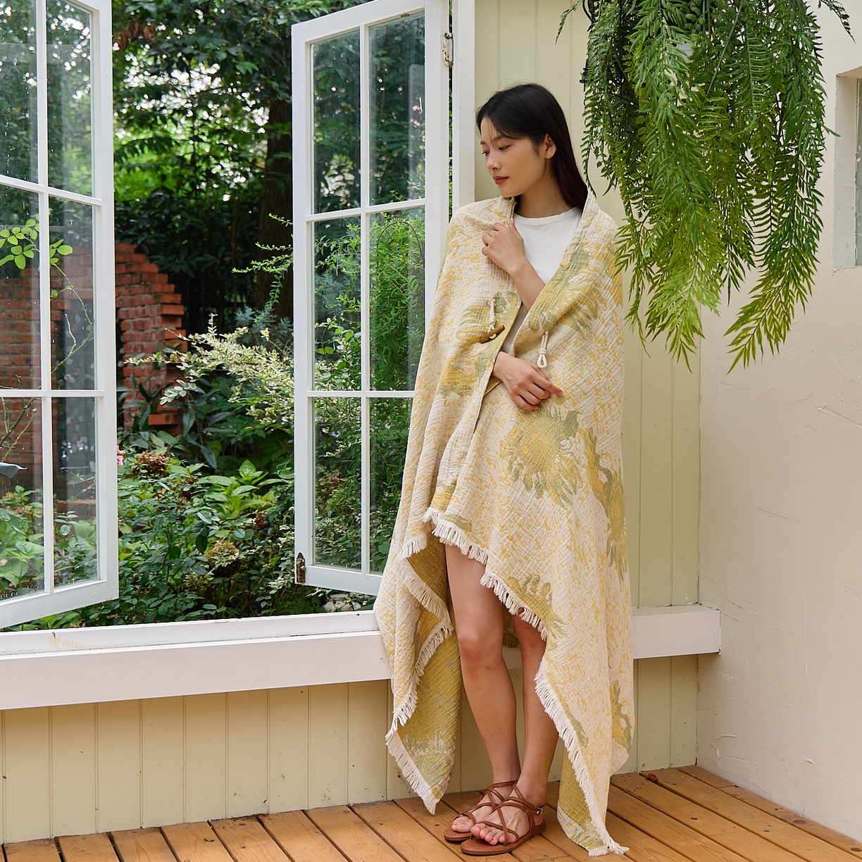 91家纺网 家纺一手货源 找家纺 沐瑟家纺 2025新款全棉流苏纱布披肩毯空调毯多功能午休毯牛角披肩毯民宿风 柚屿