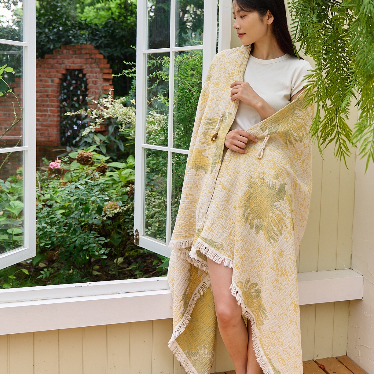 91家纺网 家纺一手货源 找家纺 沐瑟家纺 2025新款全棉流苏纱布披肩毯空调毯多功能午休毯牛角披肩毯民宿风 柚屿