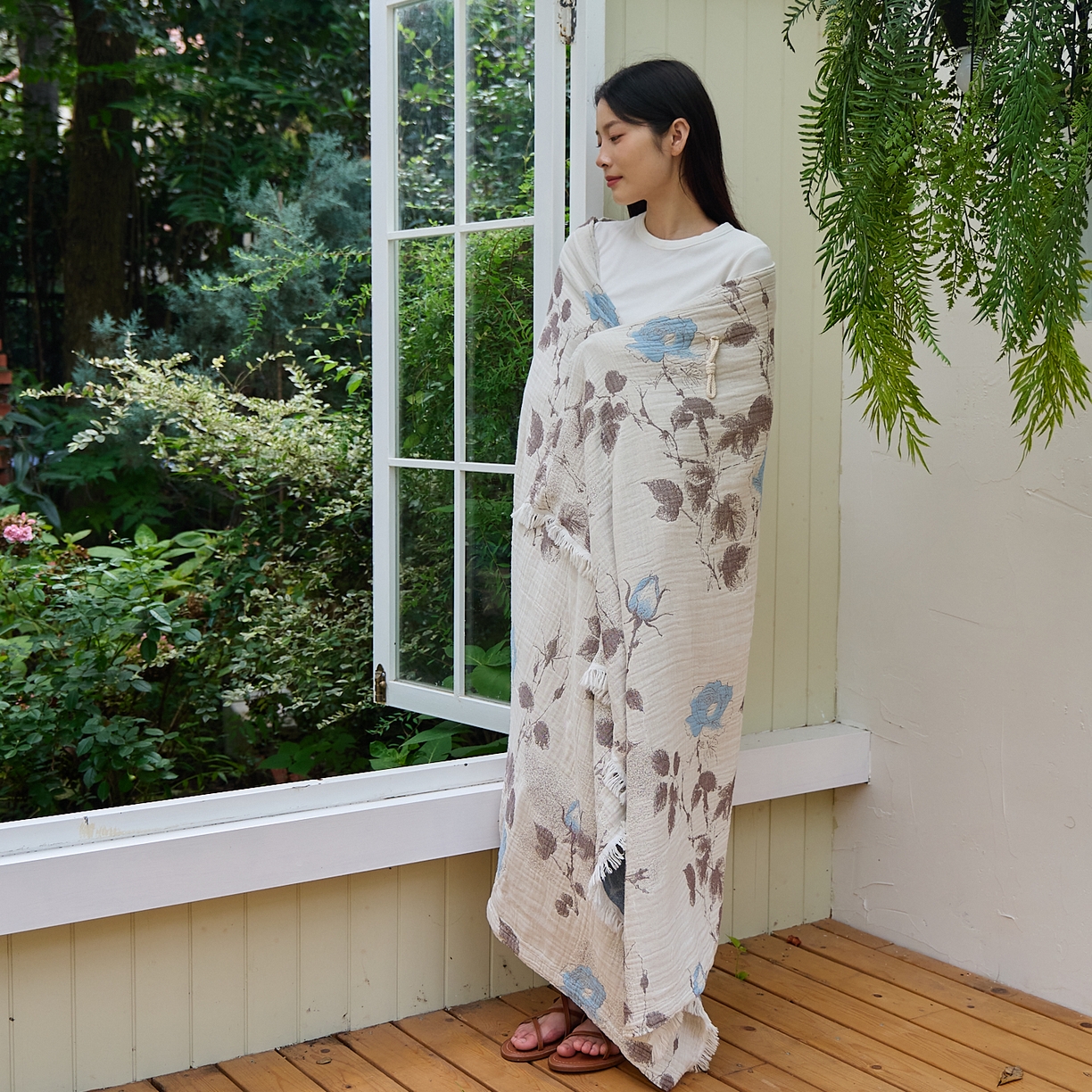 91家纺网 家纺一手货源 找家纺 沐瑟家纺 2025新款全棉流苏纱布披肩毯空调毯多功能午休毯牛角披肩毯民宿风 枝蘭