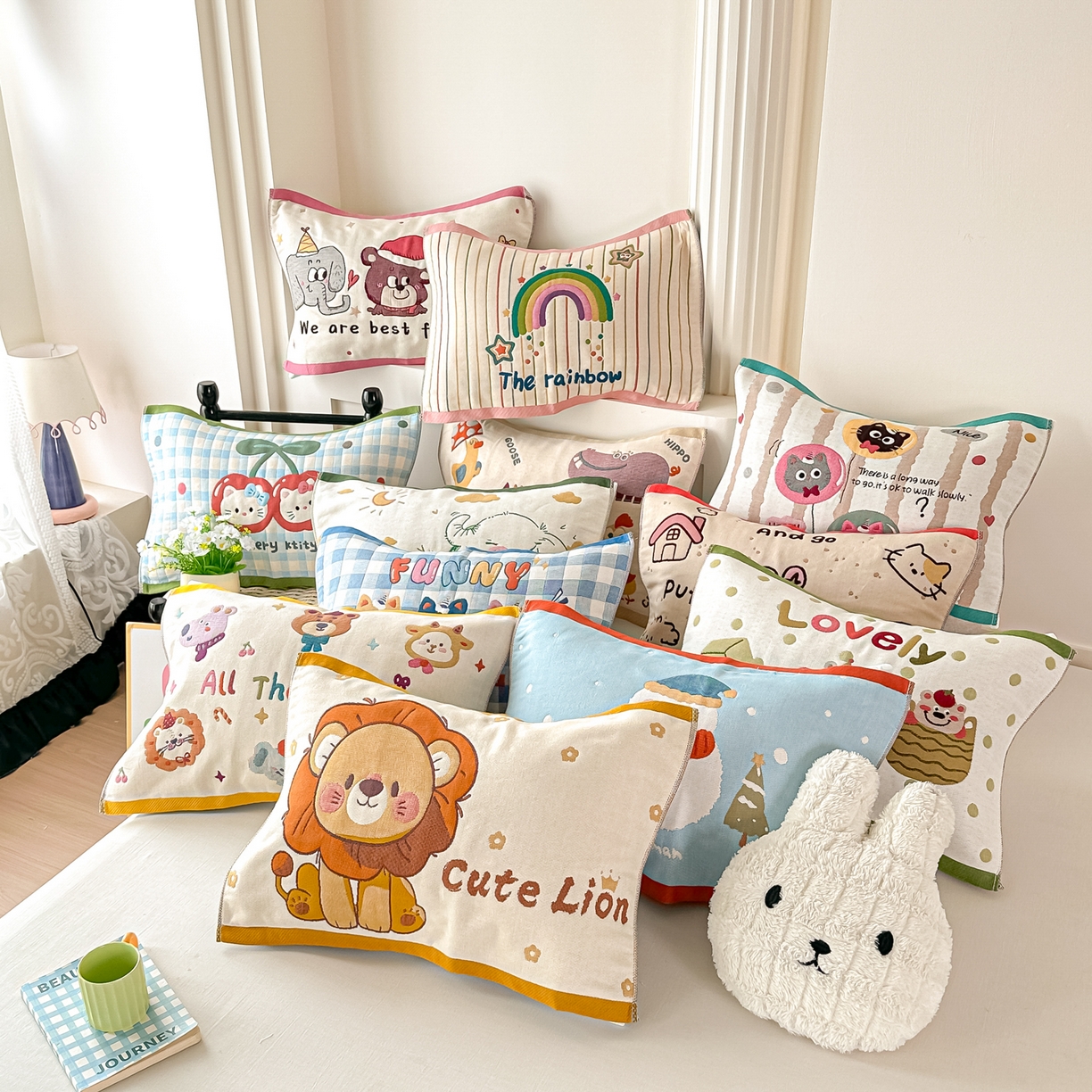 91家纺网 家纺一手货源 找家纺 沐瑟家纺 2025新款绵柔儿童纯棉纱布儿童枕巾 组合（不可下单）