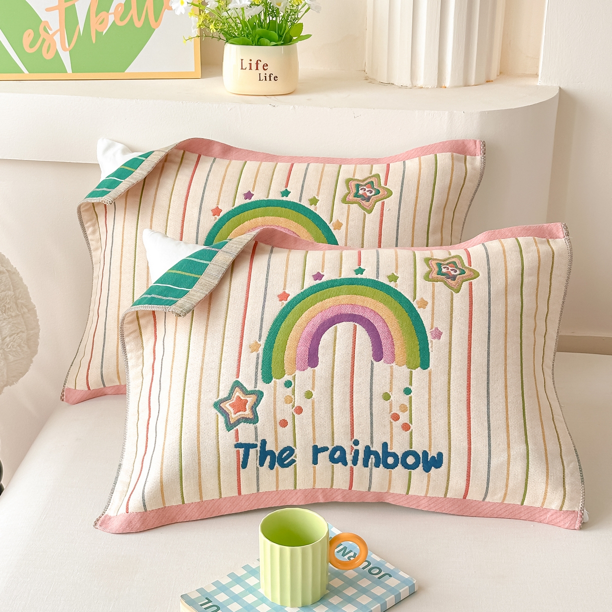 沐瑟家纺 2025新款绵柔儿童纯棉纱布儿童枕巾 彩虹星