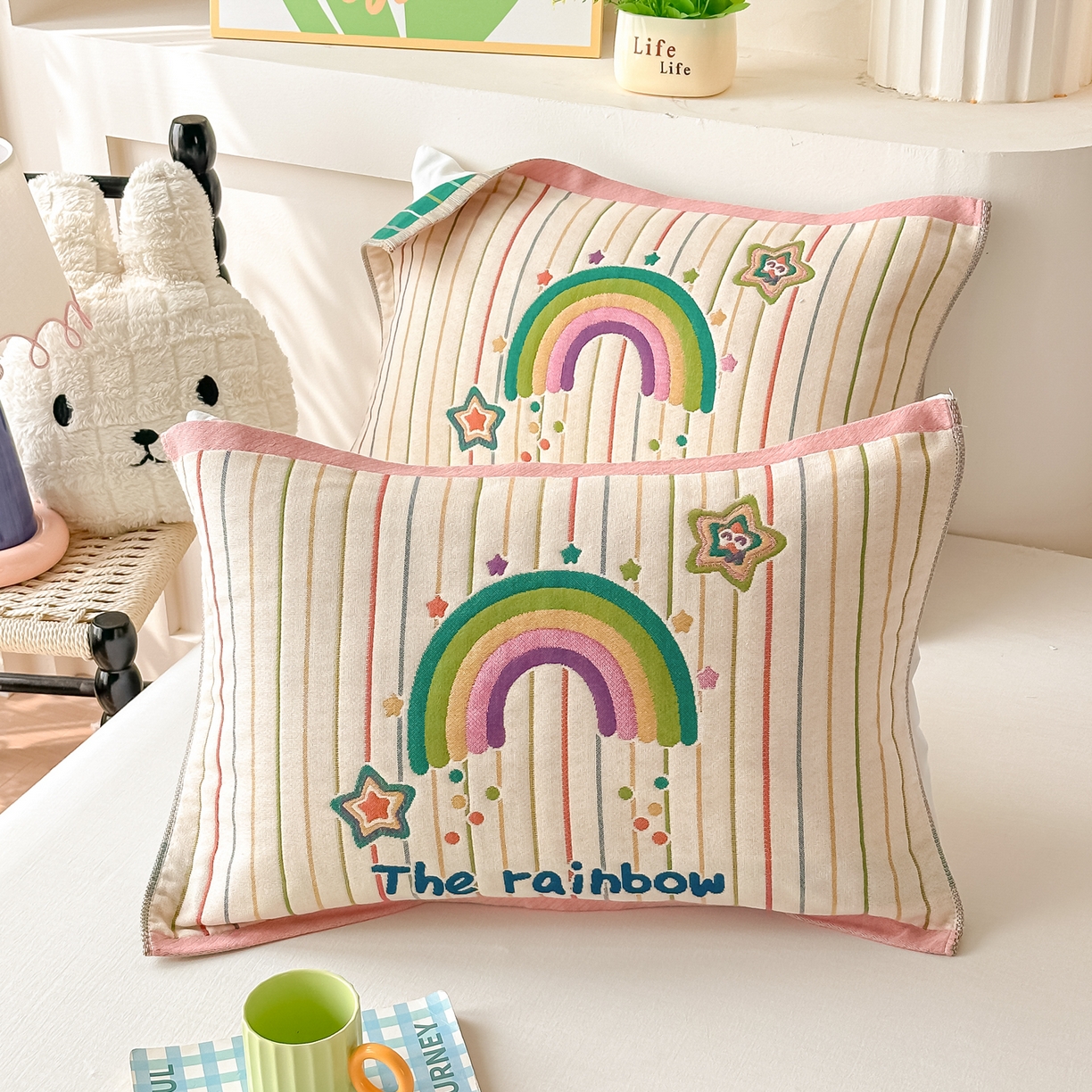 91家纺网 家纺一手货源 找家纺 沐瑟家纺 2025新款绵柔儿童纯棉纱布儿童枕巾 彩虹星