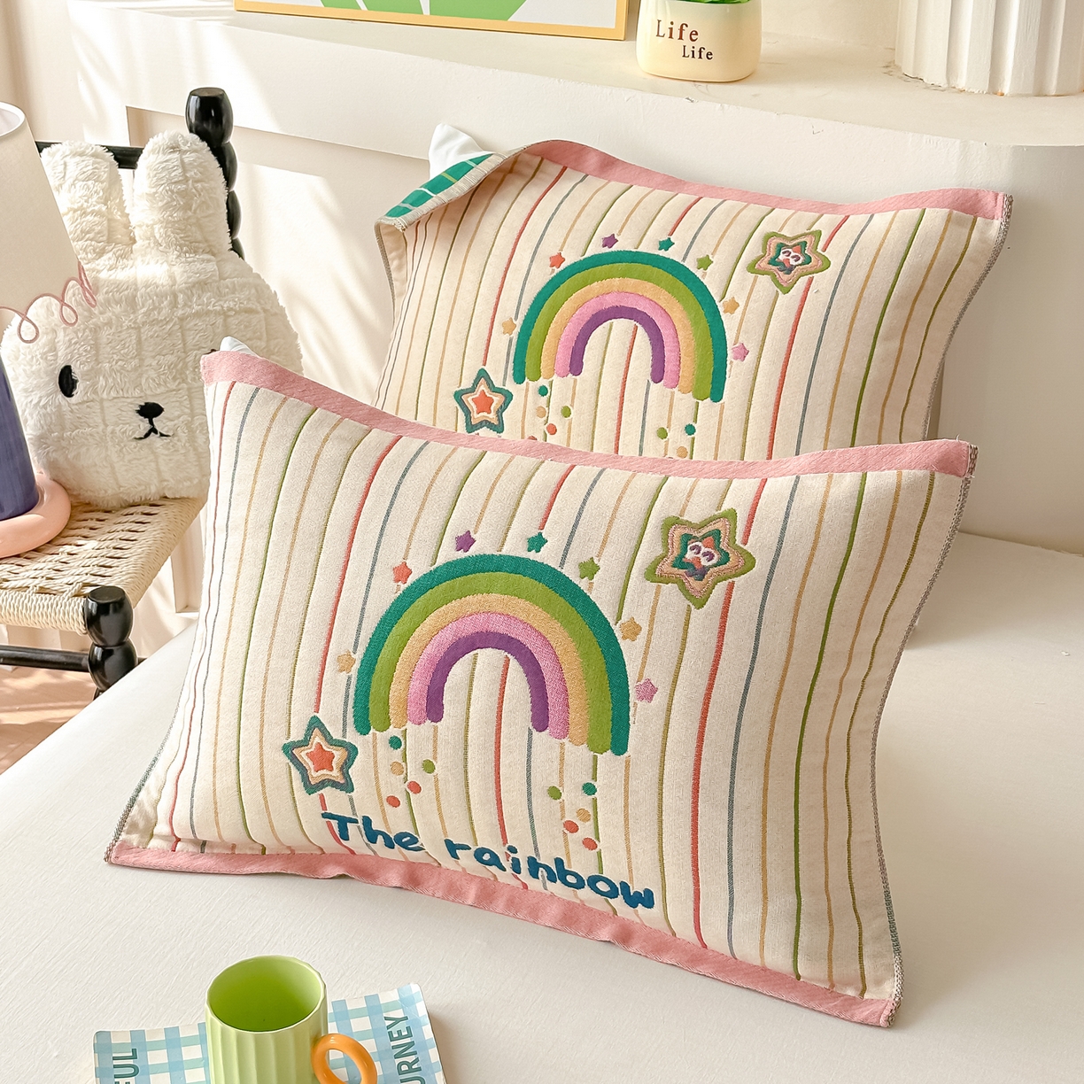 91家纺网 家纺一手货源 找家纺 沐瑟家纺 2025新款绵柔儿童纯棉纱布儿童枕巾 彩虹星