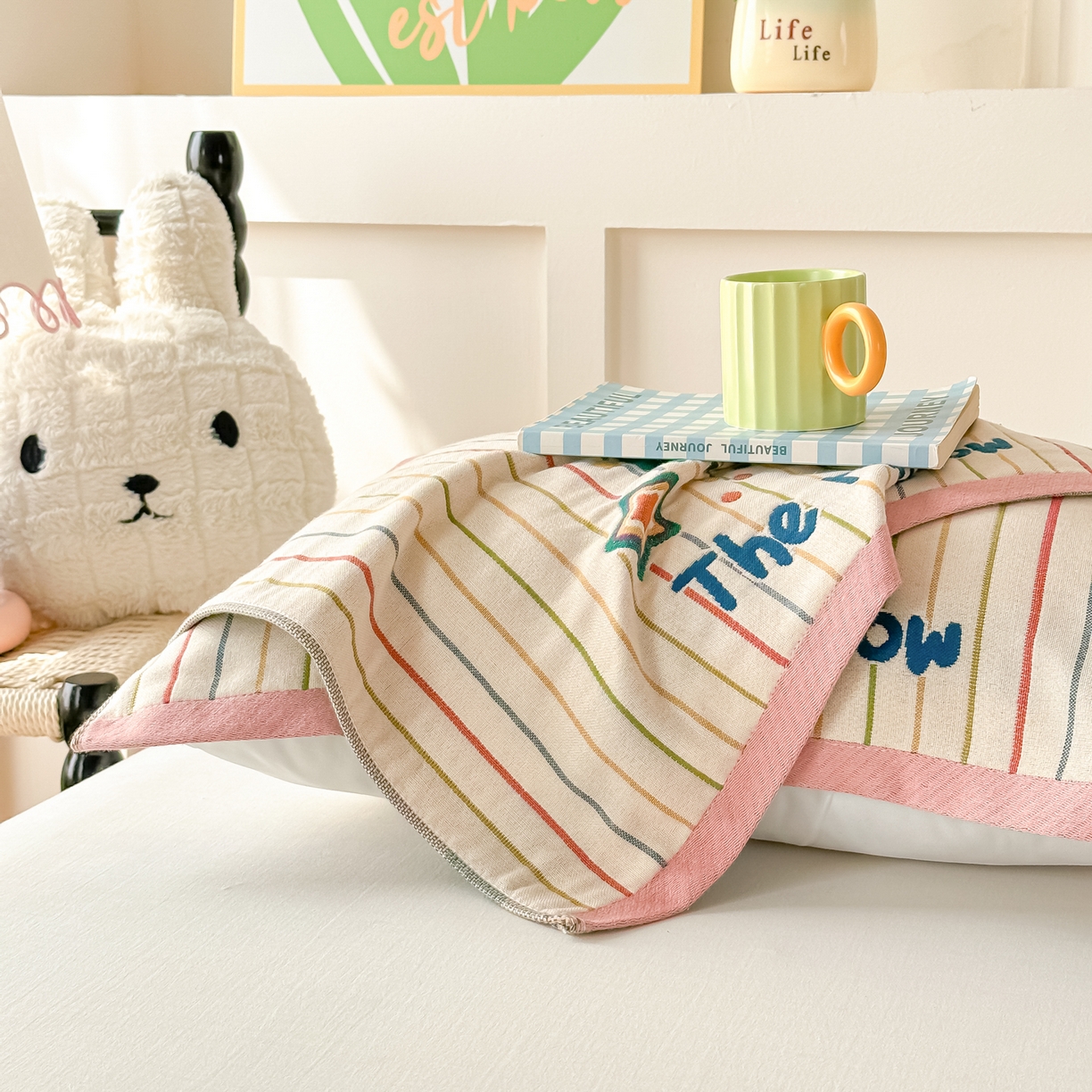 91家纺网 家纺一手货源 找家纺 沐瑟家纺 2025新款绵柔儿童纯棉纱布儿童枕巾 彩虹星