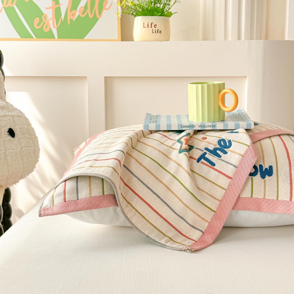 91家纺网 家纺一手货源 找家纺 沐瑟家纺 2025新款绵柔儿童纯棉纱布儿童枕巾 彩虹星