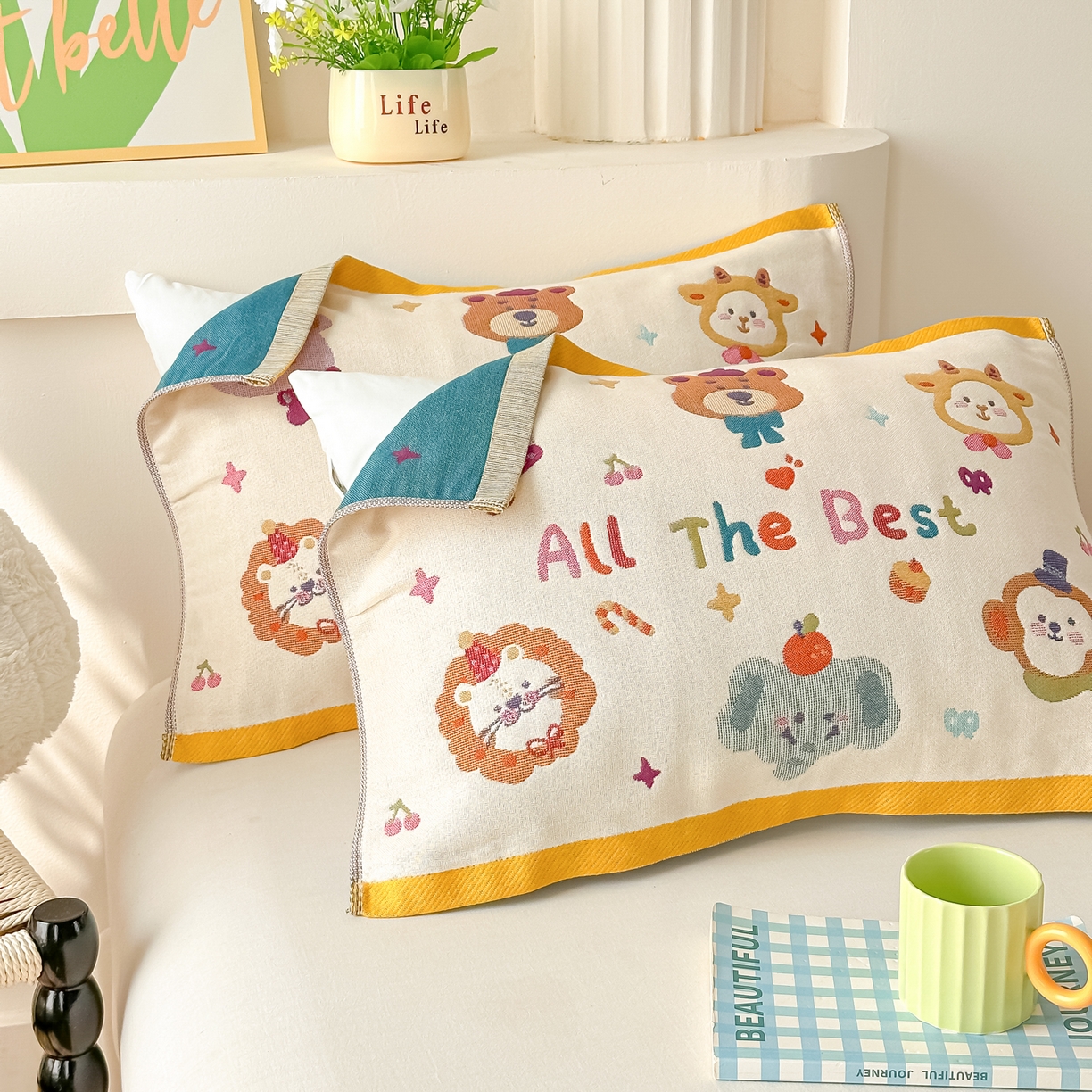 91家纺网 家纺一手货源 找家纺 沐瑟家纺 2025新款绵柔儿童纯棉纱布儿童枕巾 动物乐园