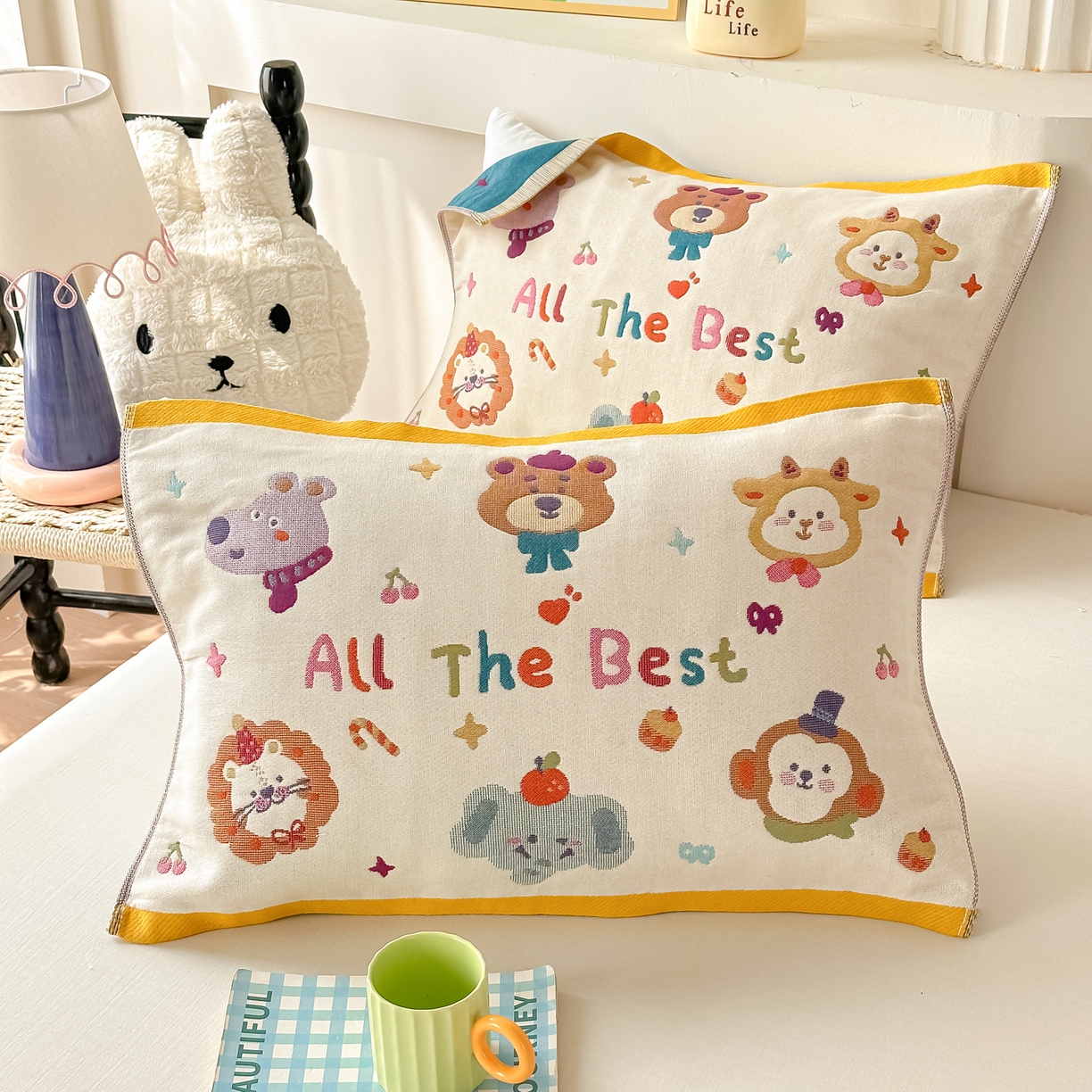 91家纺网 家纺一手货源 找家纺 沐瑟家纺 2025新款绵柔儿童纯棉纱布儿童枕巾 动物乐园