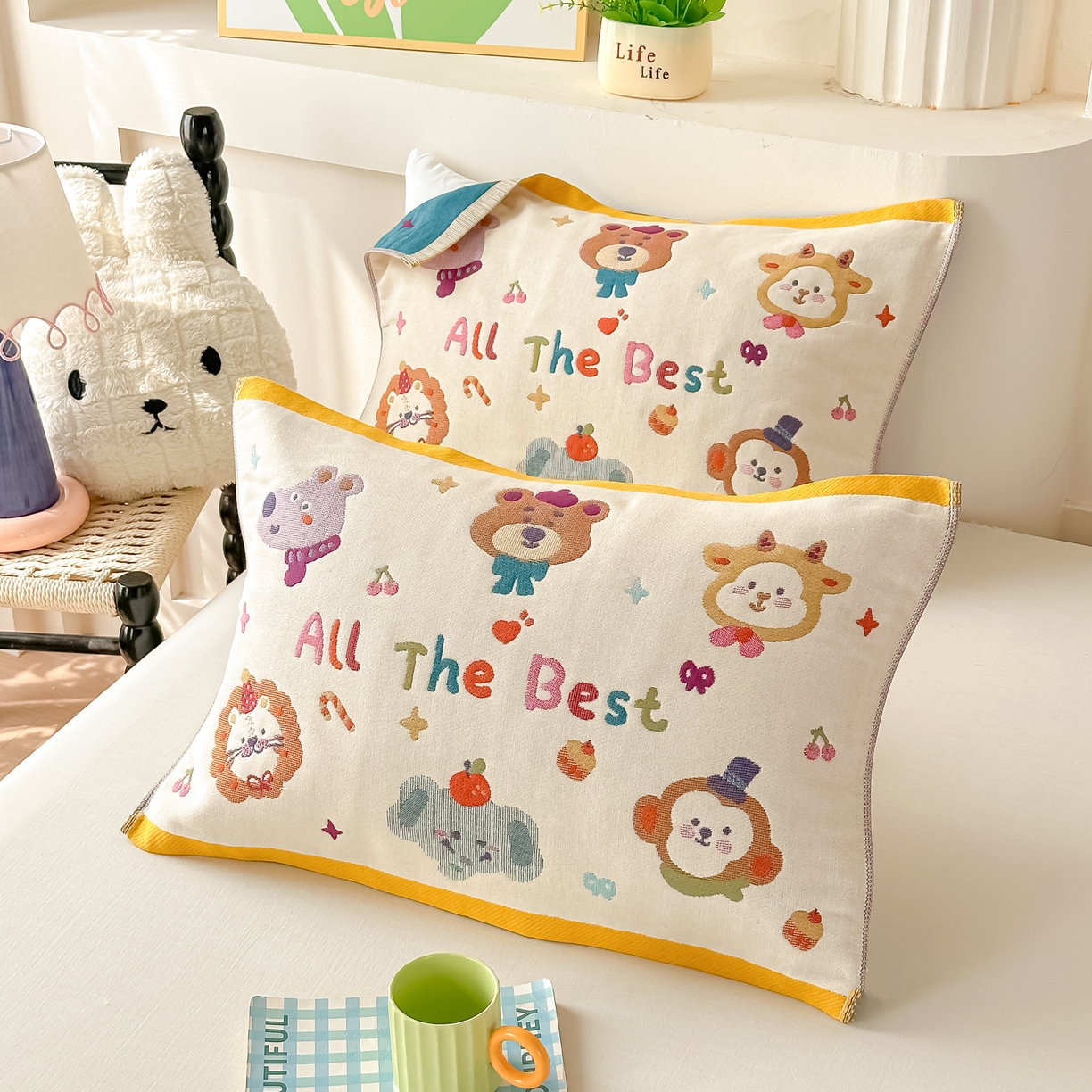 91家纺网 家纺一手货源 找家纺 沐瑟家纺 2025新款绵柔儿童纯棉纱布儿童枕巾 动物乐园