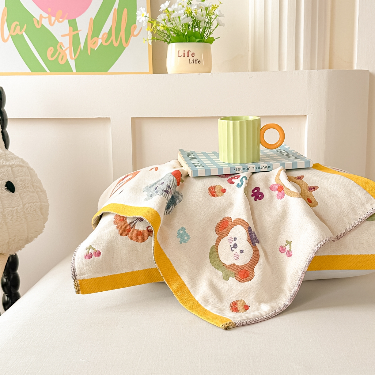 91家纺网 家纺一手货源 找家纺 沐瑟家纺 2025新款绵柔儿童纯棉纱布儿童枕巾 动物乐园