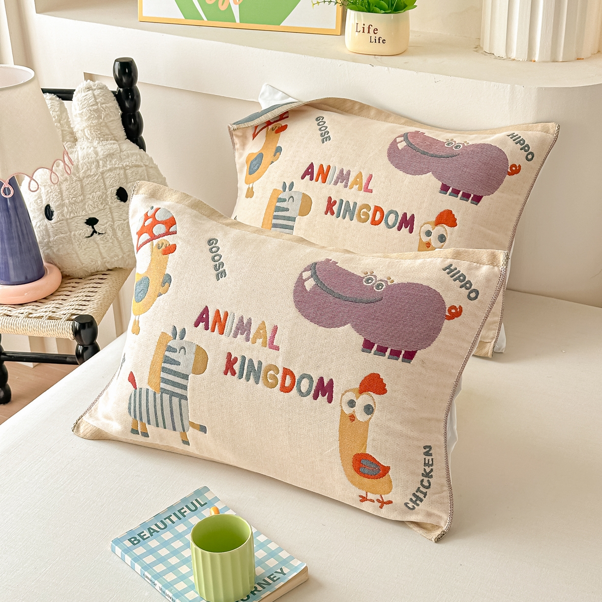 91家纺网 家纺一手货源 找家纺 沐瑟家纺 2025新款绵柔儿童纯棉纱布儿童枕巾 动物王国