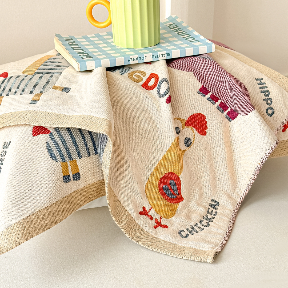 91家纺网 家纺一手货源 找家纺 沐瑟家纺 2025新款绵柔儿童纯棉纱布儿童枕巾 动物王国