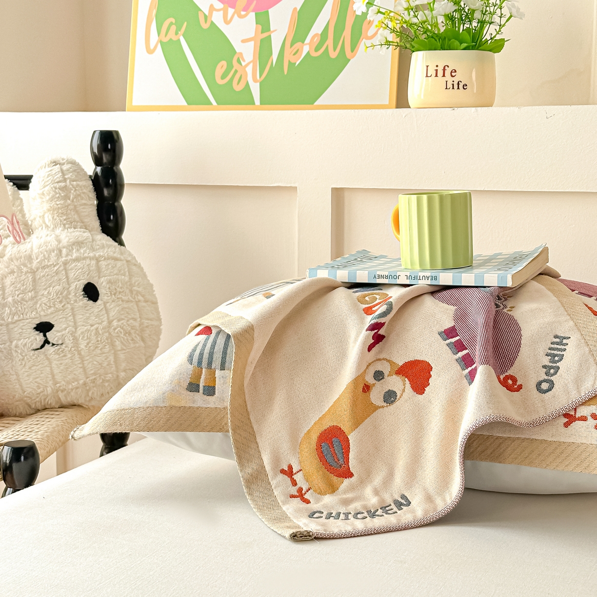 91家纺网 家纺一手货源 找家纺 沐瑟家纺 2025新款绵柔儿童纯棉纱布儿童枕巾 动物王国