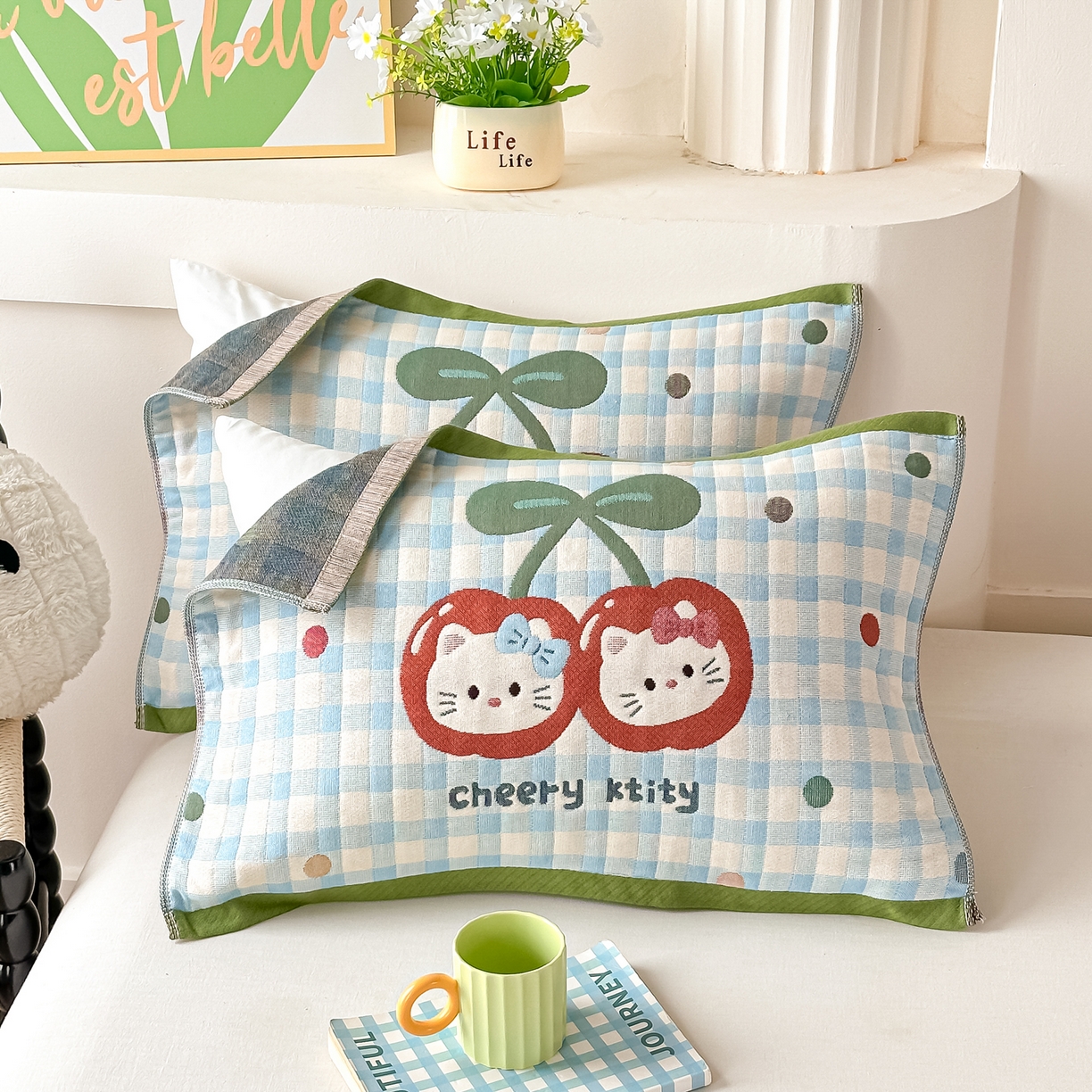 沐瑟家纺 2025新款绵柔儿童纯棉纱布儿童枕巾 卡提猫