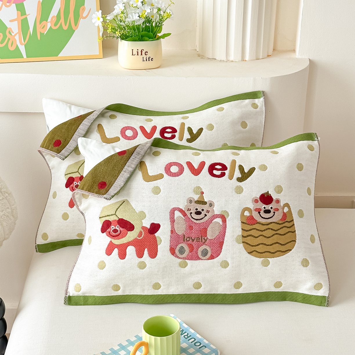 沐瑟家纺 2025新款绵柔儿童纯棉纱布儿童枕巾 可爱熊