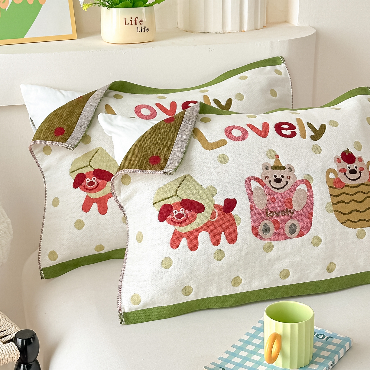 91家纺网 家纺一手货源 找家纺 沐瑟家纺 2025新款绵柔儿童纯棉纱布儿童枕巾 可爱熊