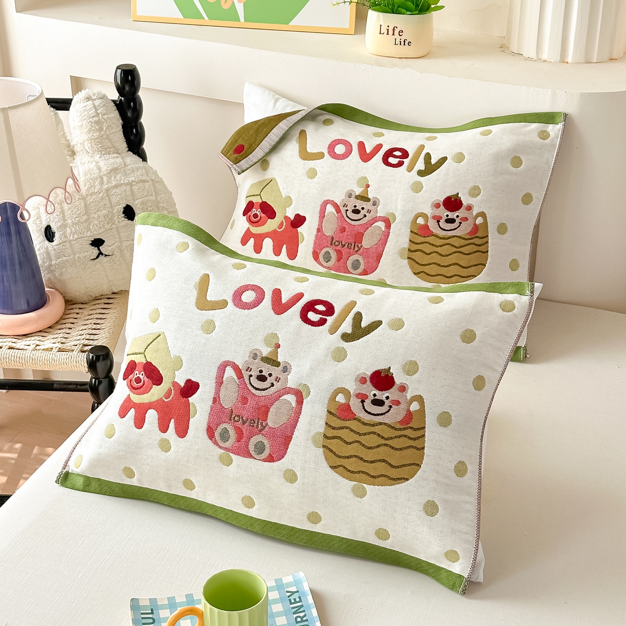 91家纺网 家纺一手货源 找家纺 沐瑟家纺 2025新款绵柔儿童纯棉纱布儿童枕巾 可爱熊