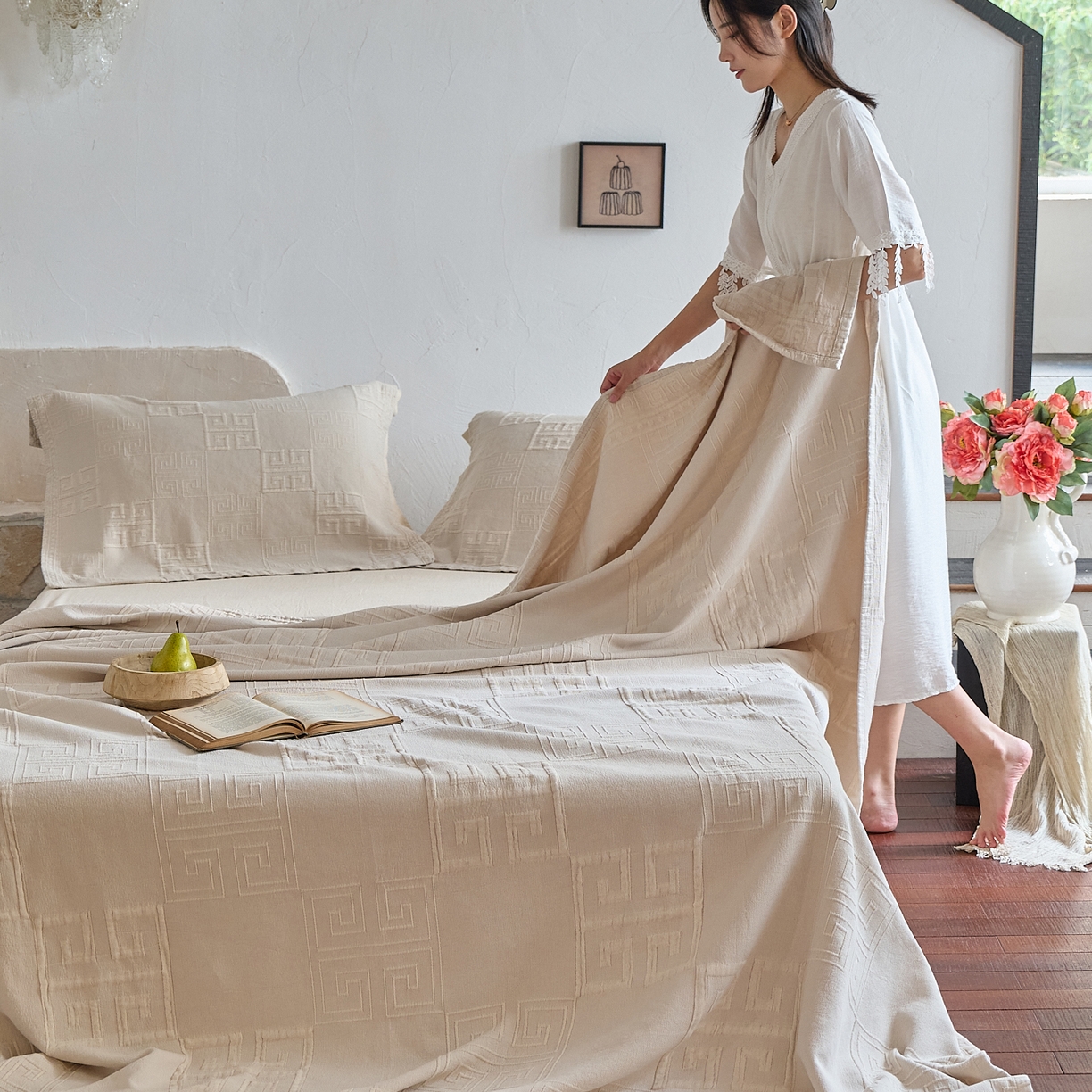 91家纺网 家纺一手货源 找家纺 （总）沐瑟家纺 2025新款全棉纱布双层纱床盖三件套床盖