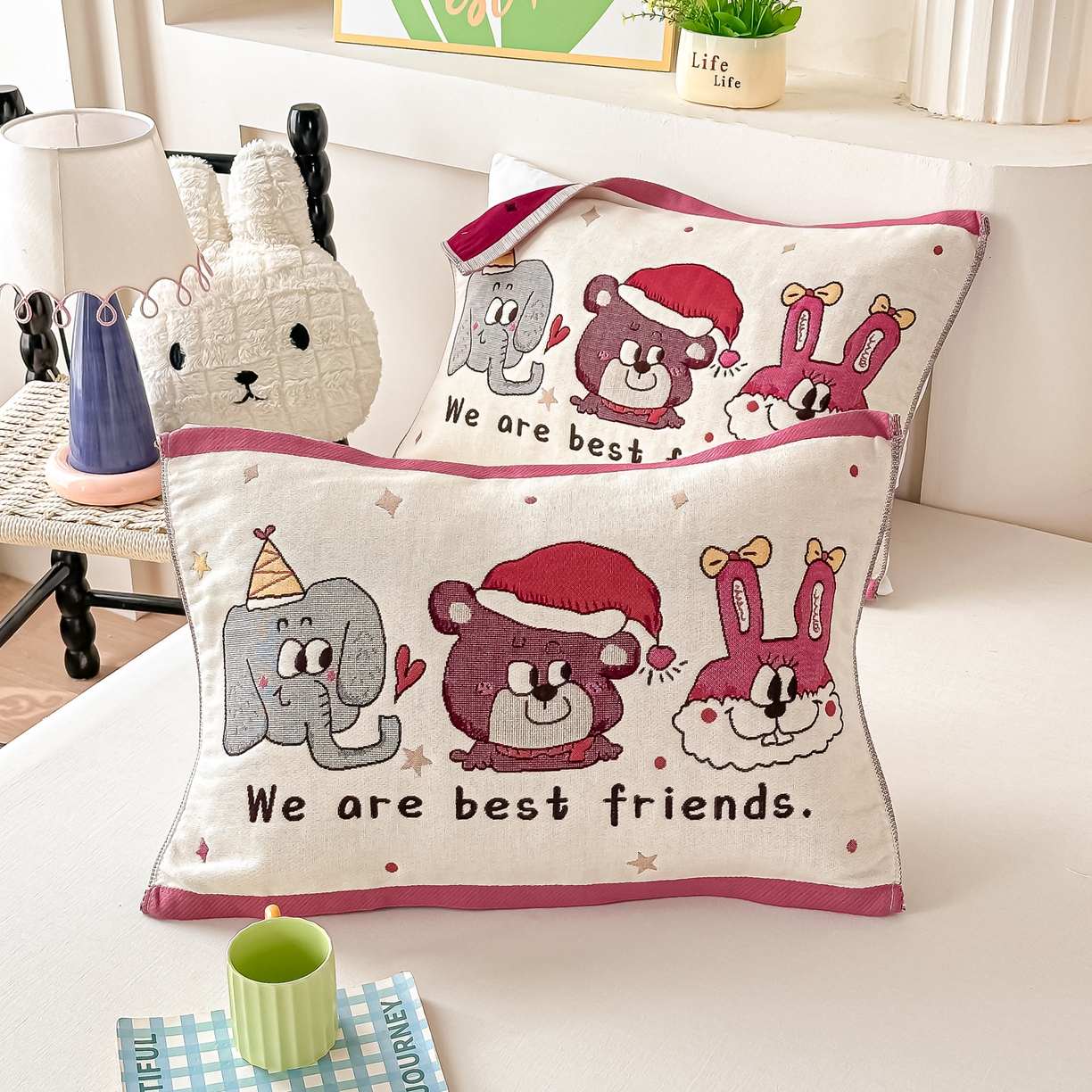 91家纺网 家纺一手货源 找家纺 沐瑟家纺 2025新款绵柔儿童纯棉纱布儿童枕巾 可可爱爱