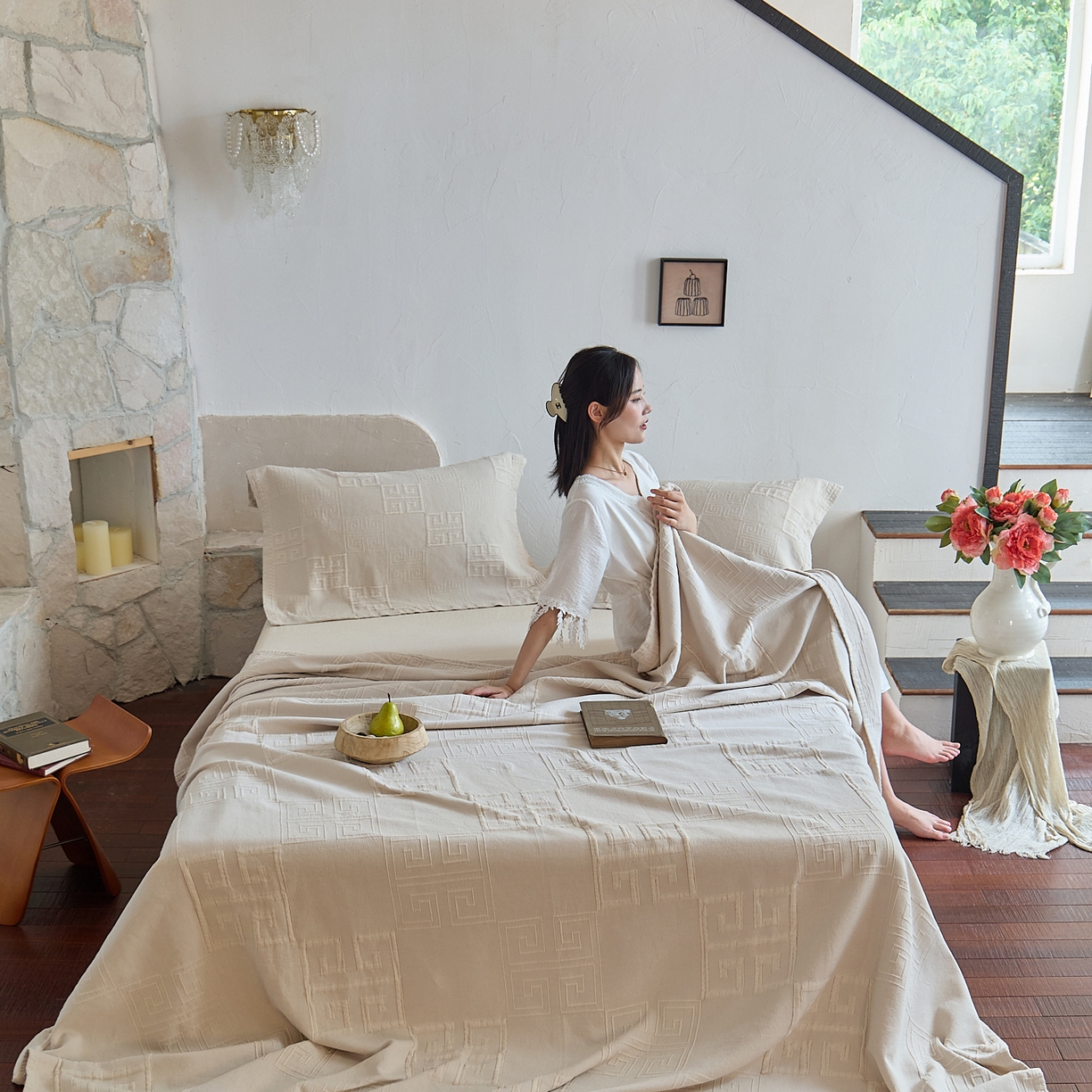 91家纺网 家纺一手货源 找家纺 （总）沐瑟家纺 2025新款全棉纱布双层纱床盖三件套床盖