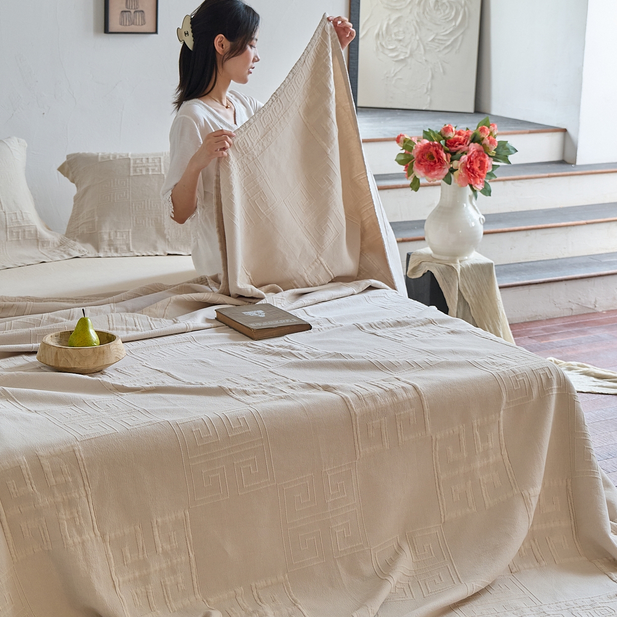 91家纺网 家纺一手货源 找家纺 （总）沐瑟家纺 2025新款全棉纱布双层纱床盖三件套床盖