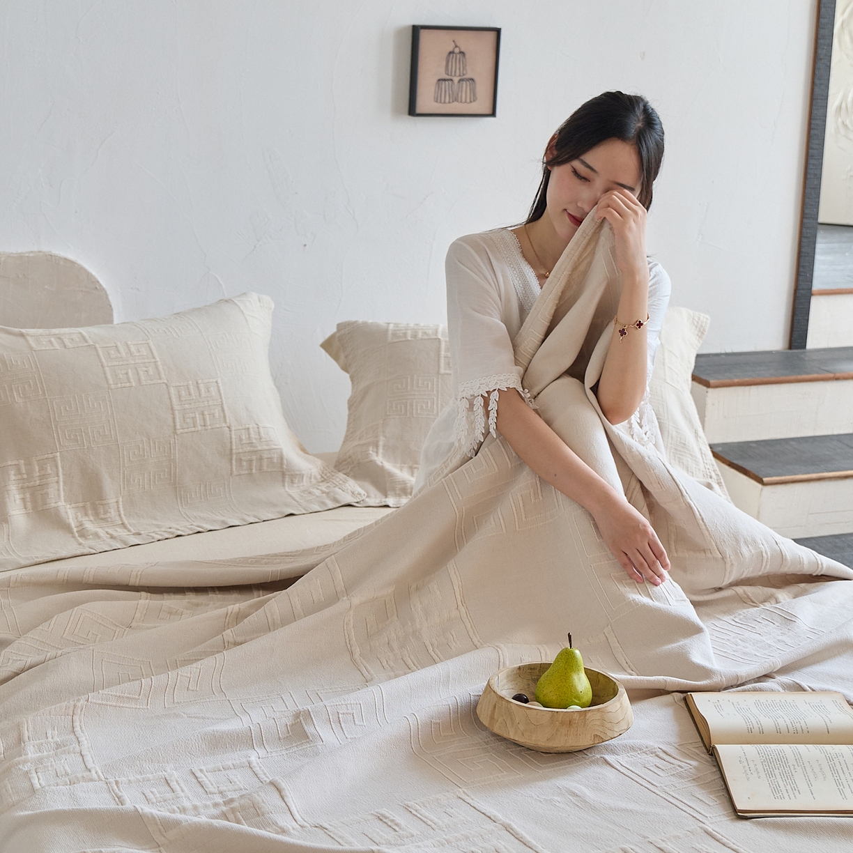 91家纺网 家纺一手货源 找家纺 （总）沐瑟家纺 2025新款全棉纱布双层纱床盖三件套床盖