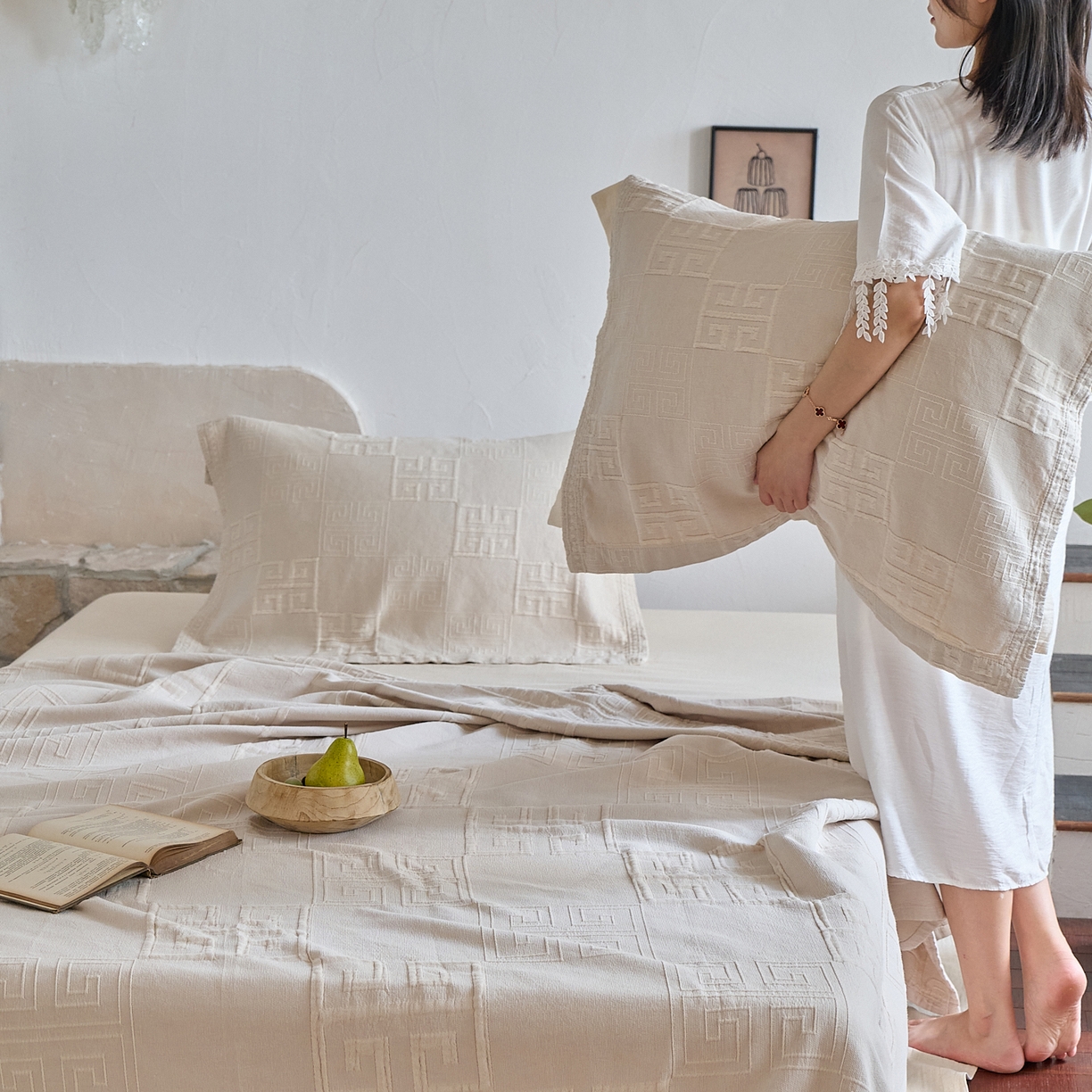 91家纺网 家纺一手货源 找家纺 （总）沐瑟家纺 2025新款全棉纱布双层纱床盖三件套床盖