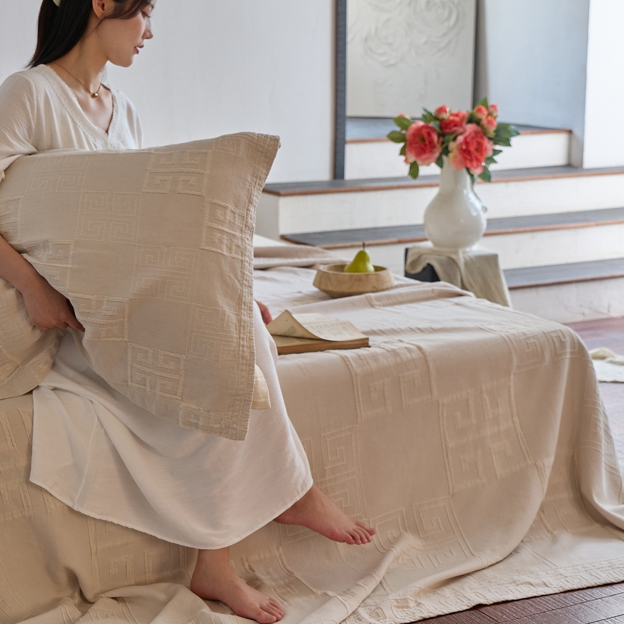 91家纺网 家纺一手货源 找家纺 （总）沐瑟家纺 2025新款全棉纱布双层纱床盖三件套床盖